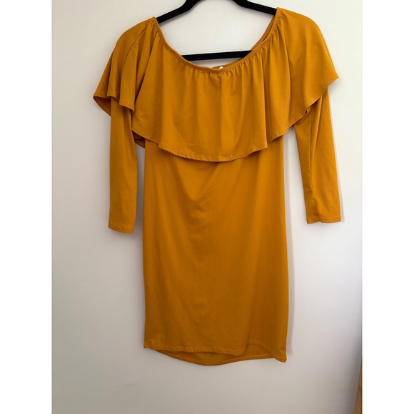 Pink Blush Maternity Golden Yellow Ruffle Off Shoulder Long Sleeve Dress Sz‎ S - Picture 4 of 8